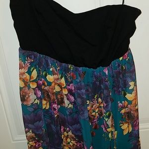 Hi-lo tropical floral strapless dress